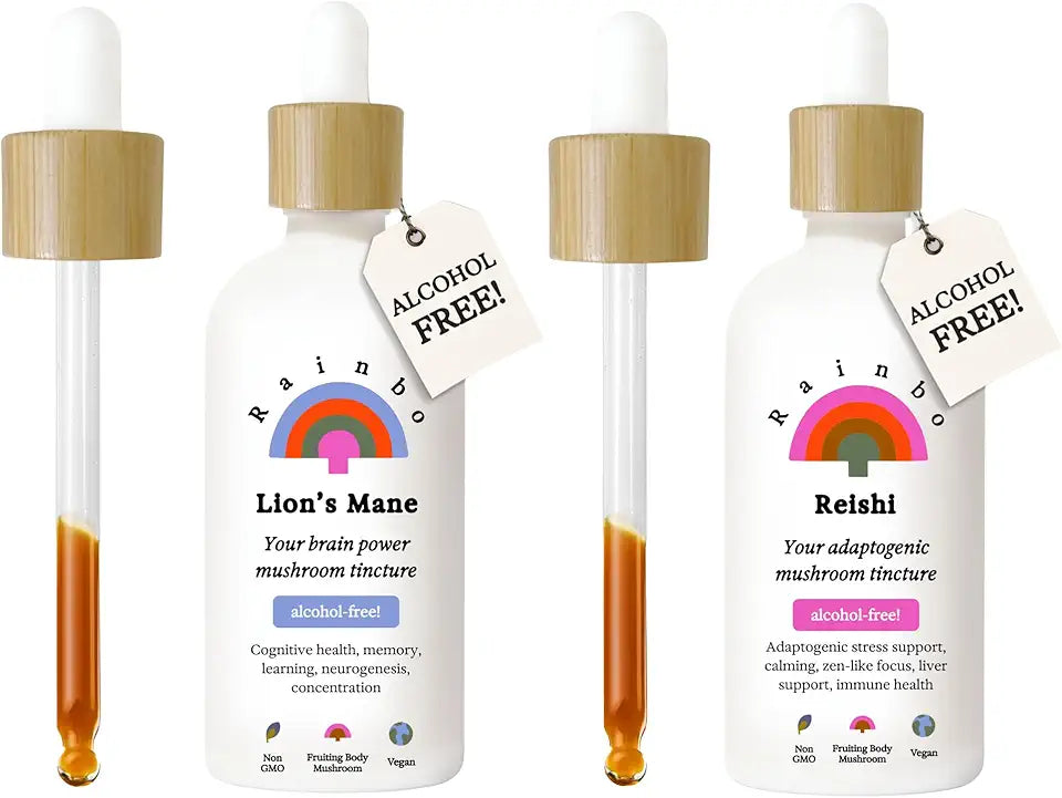 Alcohol Free Brain Health Bundle, Lion's Mane Mushroom Extract + Reishi Mushroom Tincture, Vegan Liquid Mushrooms U986