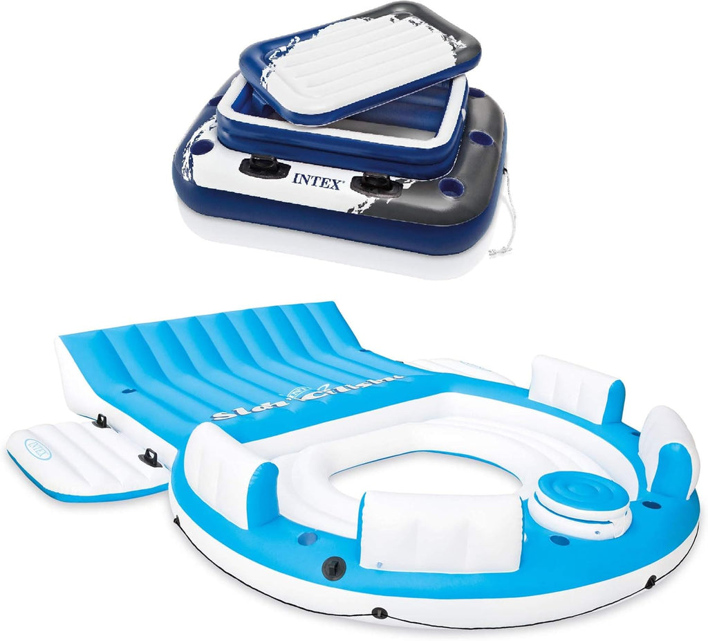 Blue 4 Person Vinyl Pool Raft Lounger with Cup Holders E891