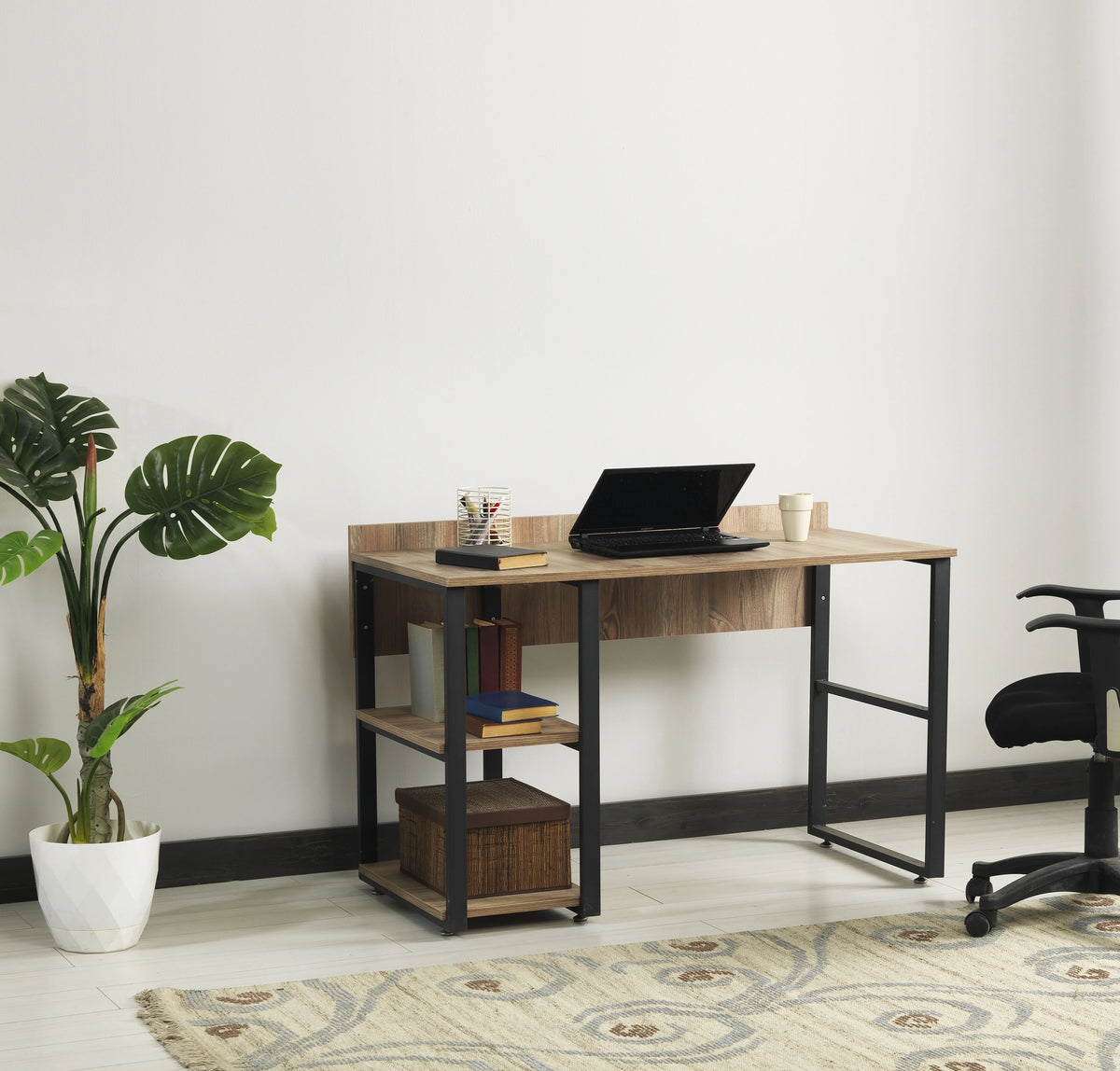 Black Metal Frame 58" Wooden Top 2 Shelves Writing and Computer Desk Y775