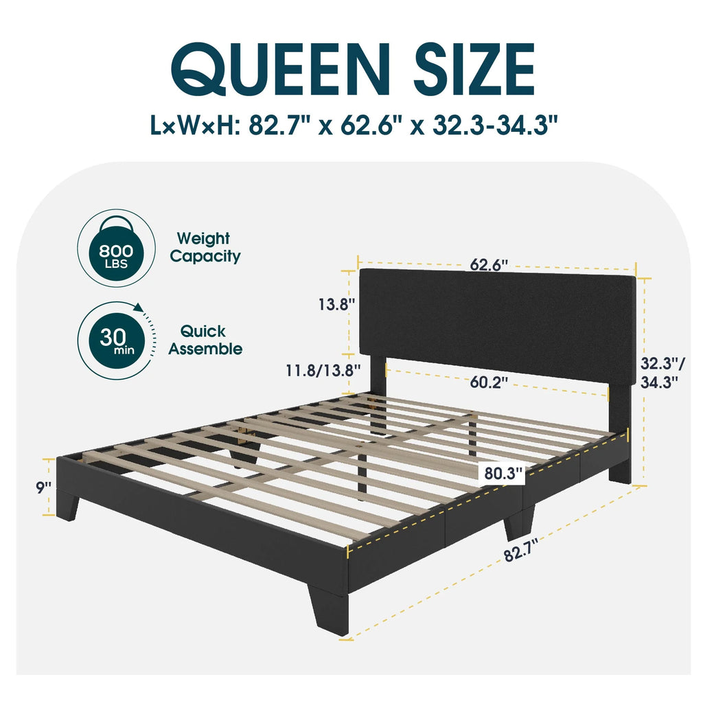 Queen Upholstered Platform Bed Frame with Adjustable Leather Headboard K11151