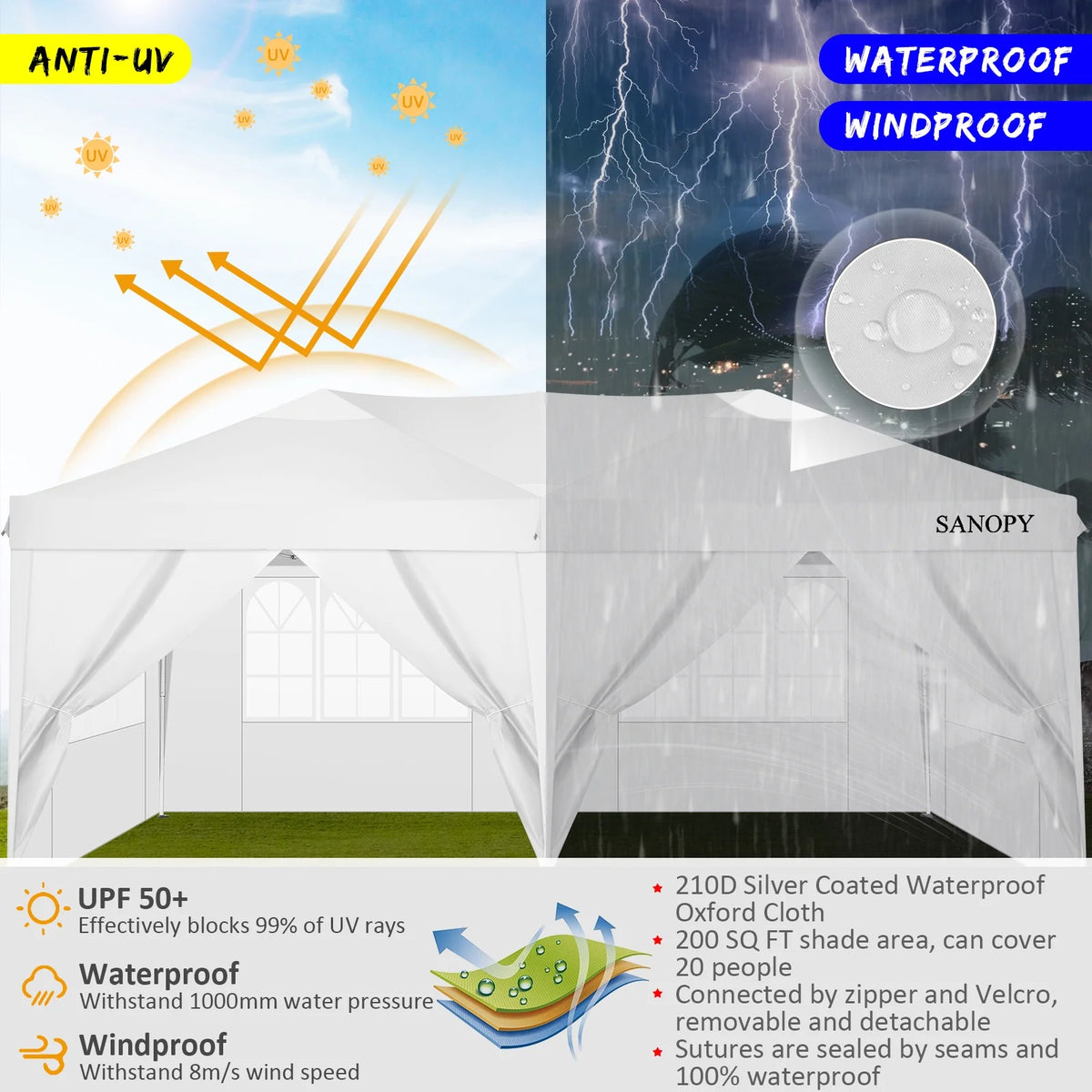 10' x 20' Pop Up Canopy Tent with 6 Removable Sidewalls and Carry Bag, White S636336