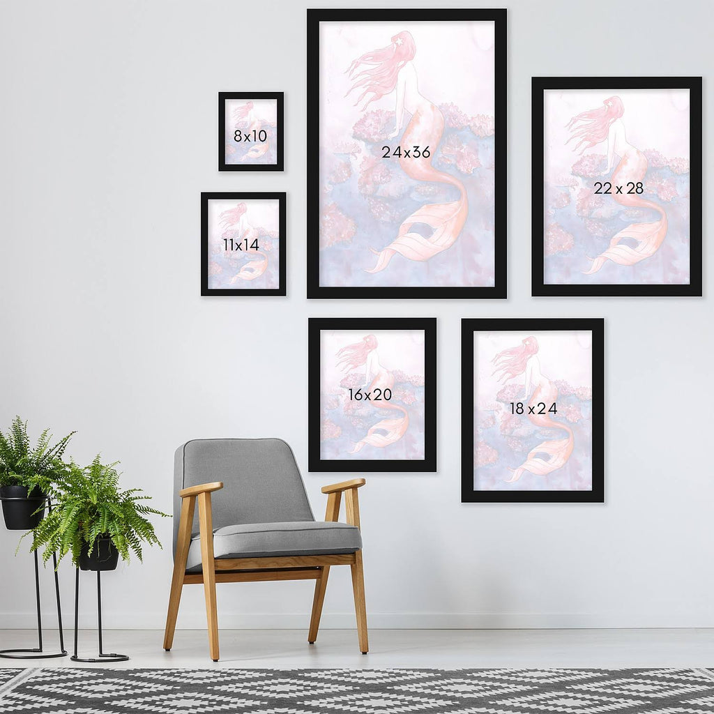 Red Coral Mermaid Black Frame I1086