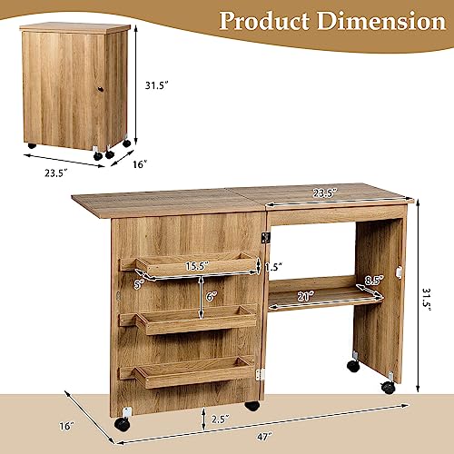 Natural Folding Sewing Table with Shelves Storage and Lockable Wheels E50198