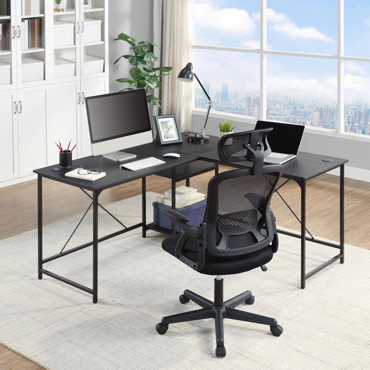 Black Fabric Ergonomic Office Chair with Adjustable Headrest L44605