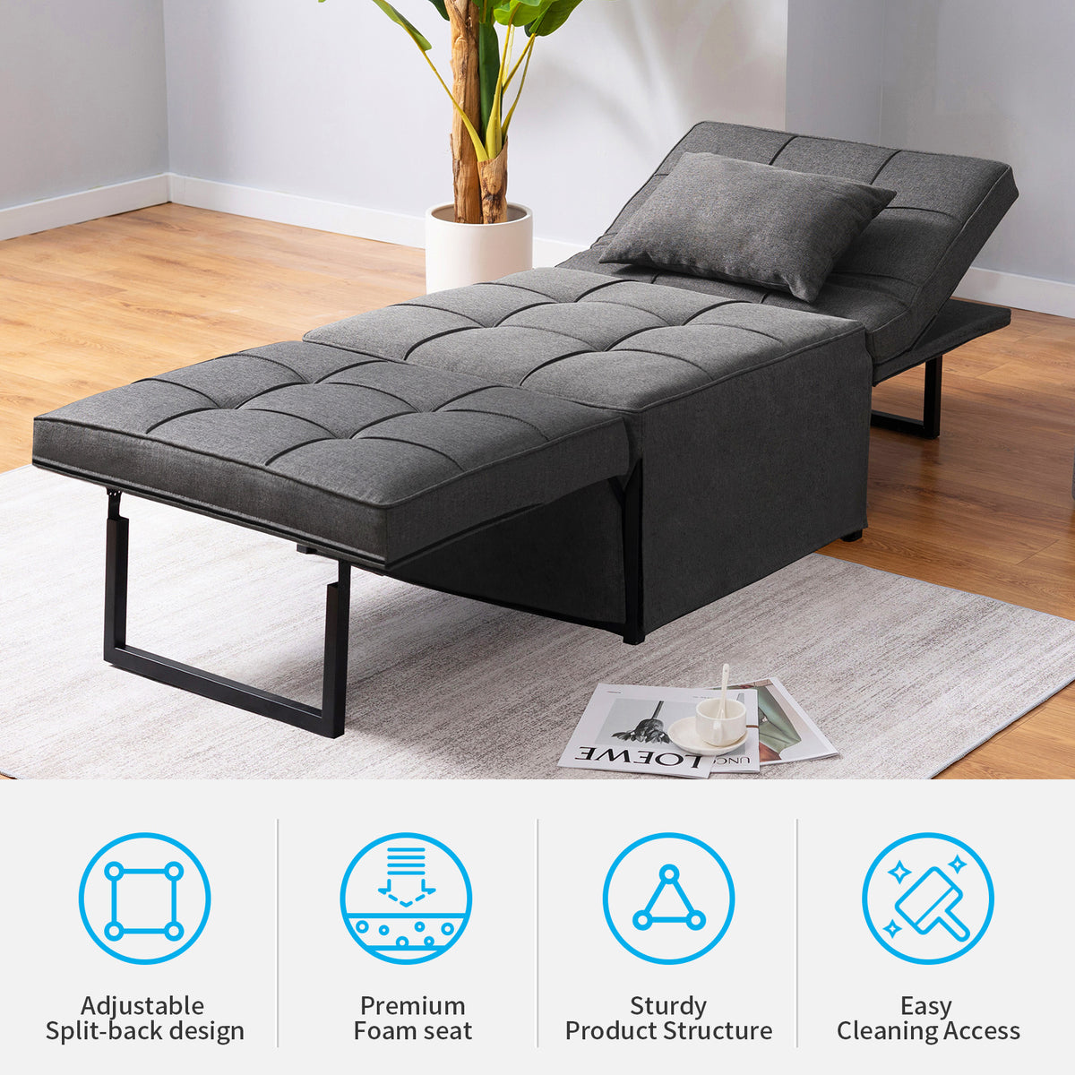 Dark Gray Linen Convertible Sofa Sleeper with Ottoman T386