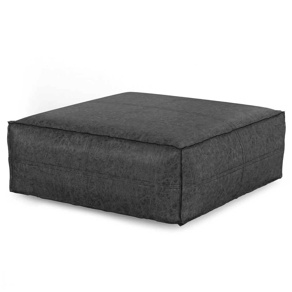 Distressed Black Vegan Faux Leather Pouf J909687