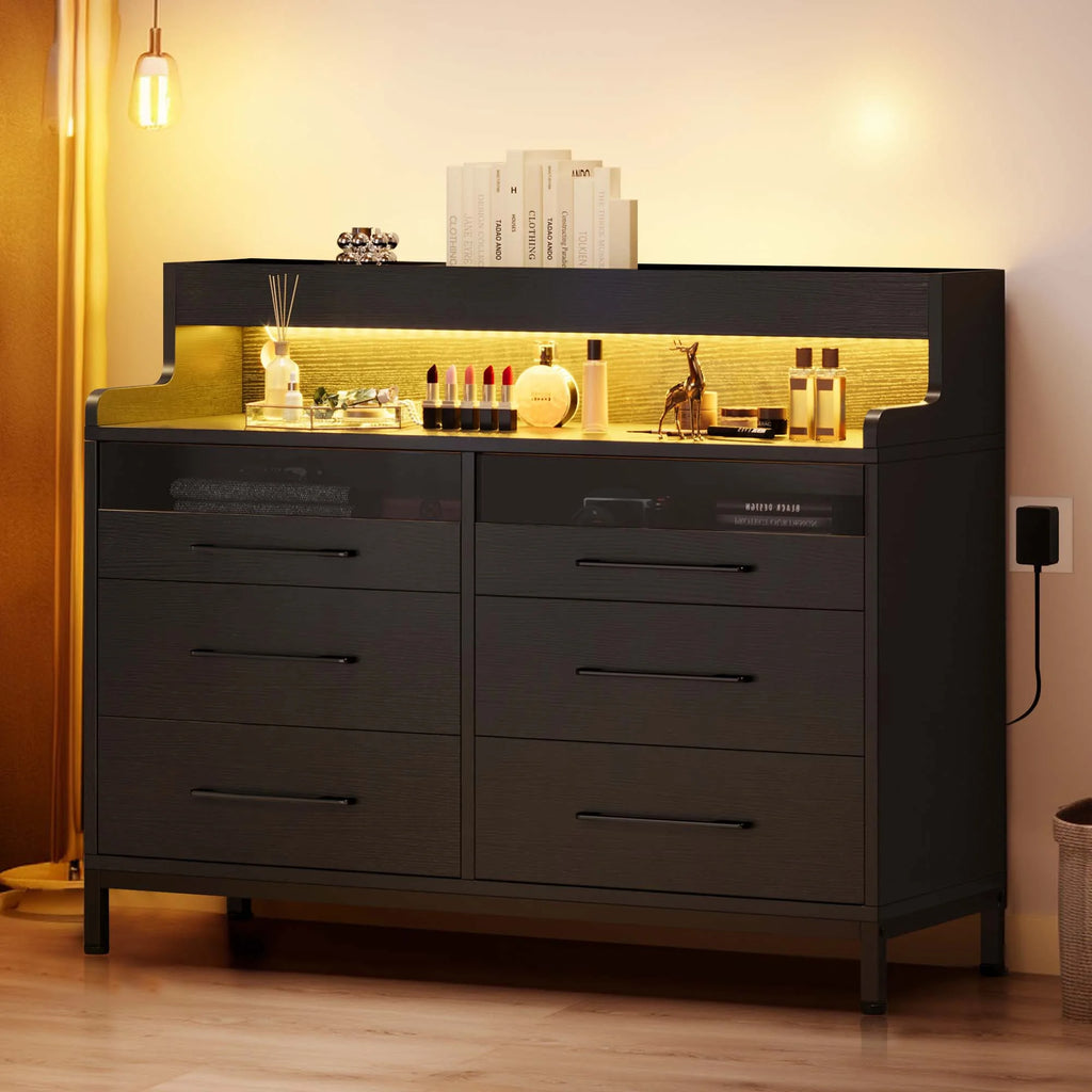 Black 6 Drawer Dresser with LED Light and Open Storage C696363