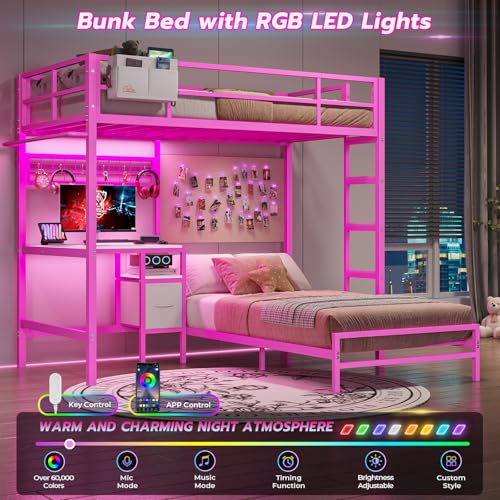 White Twin Over Twin Metal Bunk Bed with Desk and Led Lights N59855