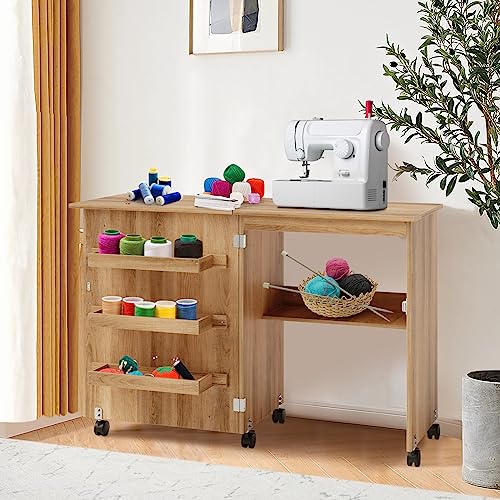 Natural Folding Sewing Table with Shelves Storage and Lockable Wheels E50198