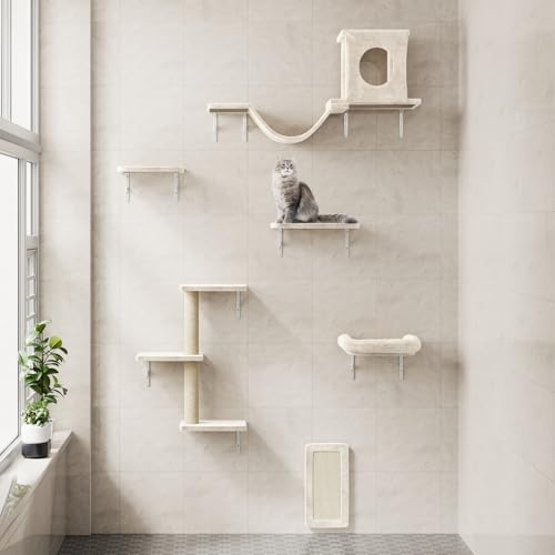 Gray 7 Pcs Cat Wall Shelves with House, Tunnel, Bridge, Steps, Scratcher, Hammock, Bed X838