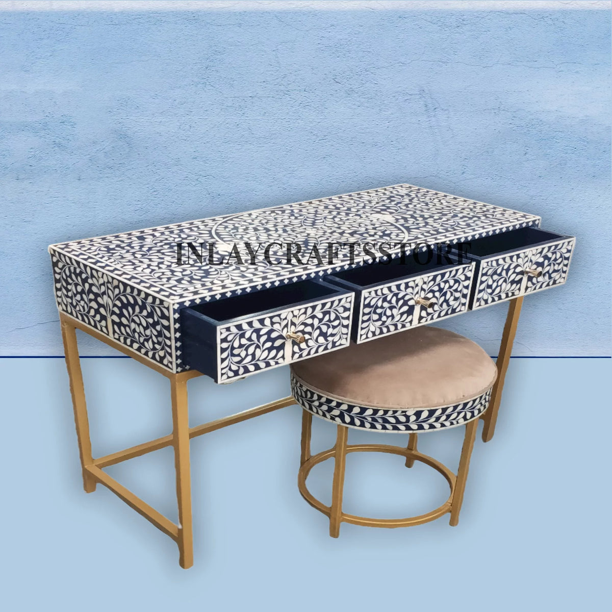 Bone Inlay 3 Drawers Console and Stool Indigo Blue P184