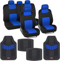 Two-Tone PolyPro Car Seat Covers Full Set with Rubber Car Floor Mats, Black & Blue O8184