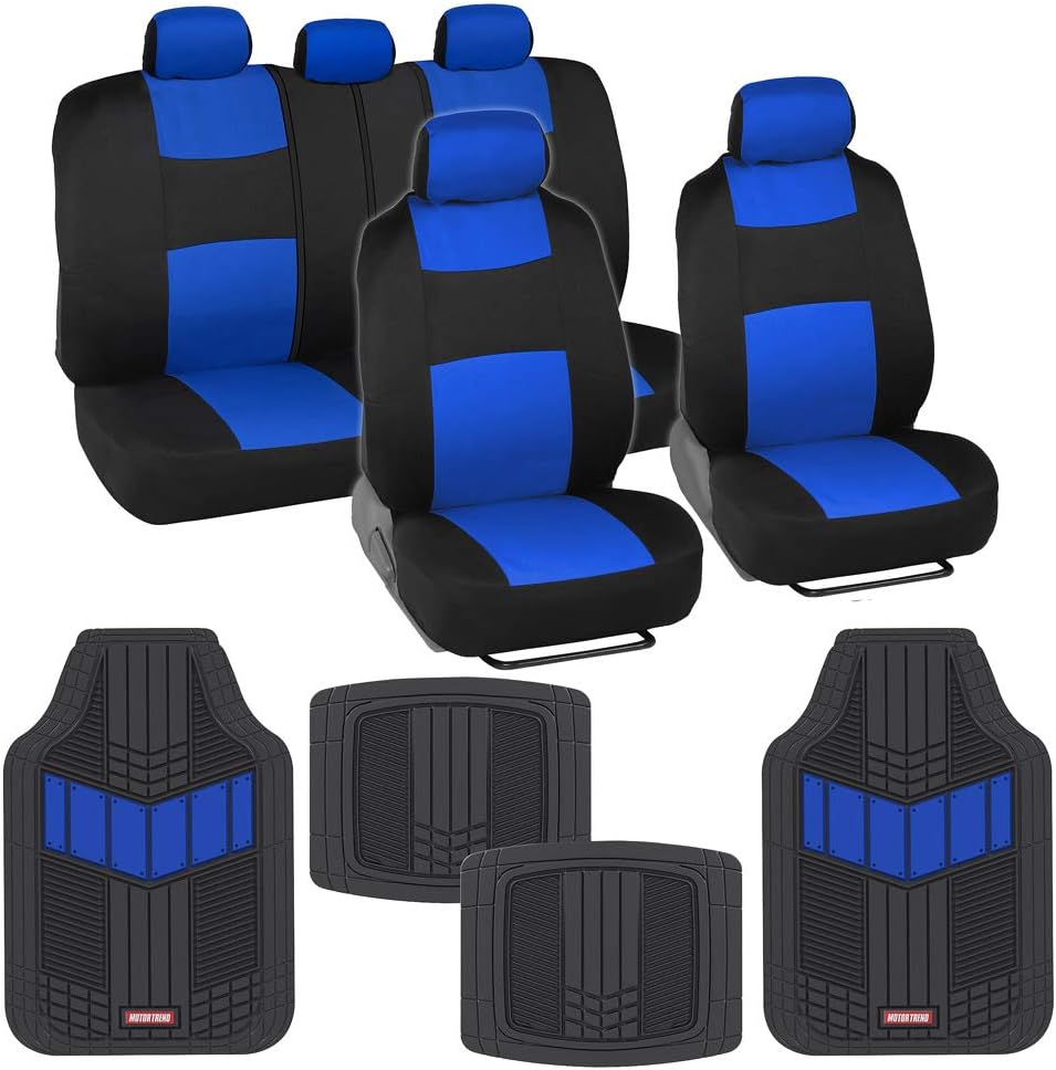 Two-Tone PolyPro Car Seat Covers Full Set with Rubber Car Floor Mats, Black & Blue O8184