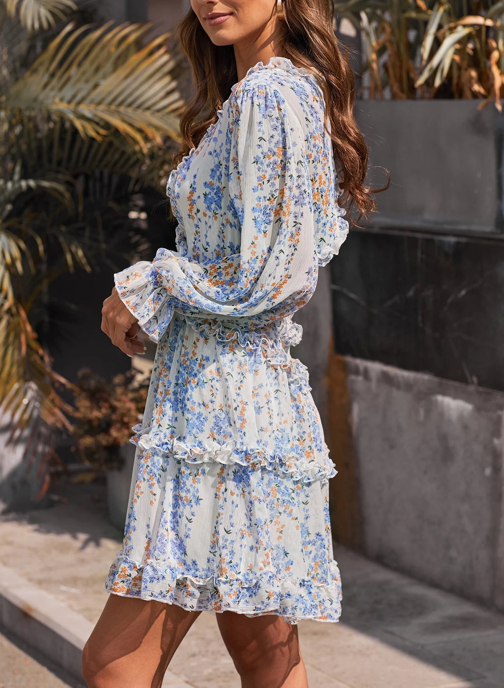 Floral Print Long Sleeve Backless Mini Dress C524