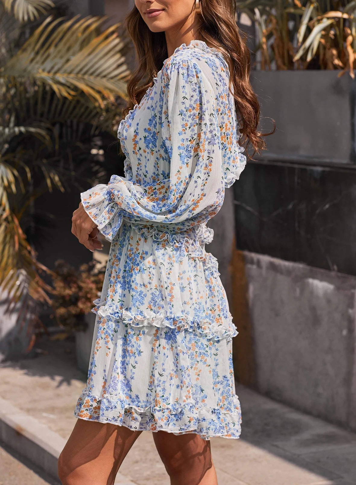 Floral Print Long Sleeve Backless Mini Dress C524