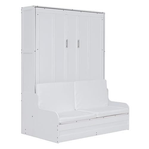 Queen Size White Wooden Murphy Bed with Sofa and Cushion A5668