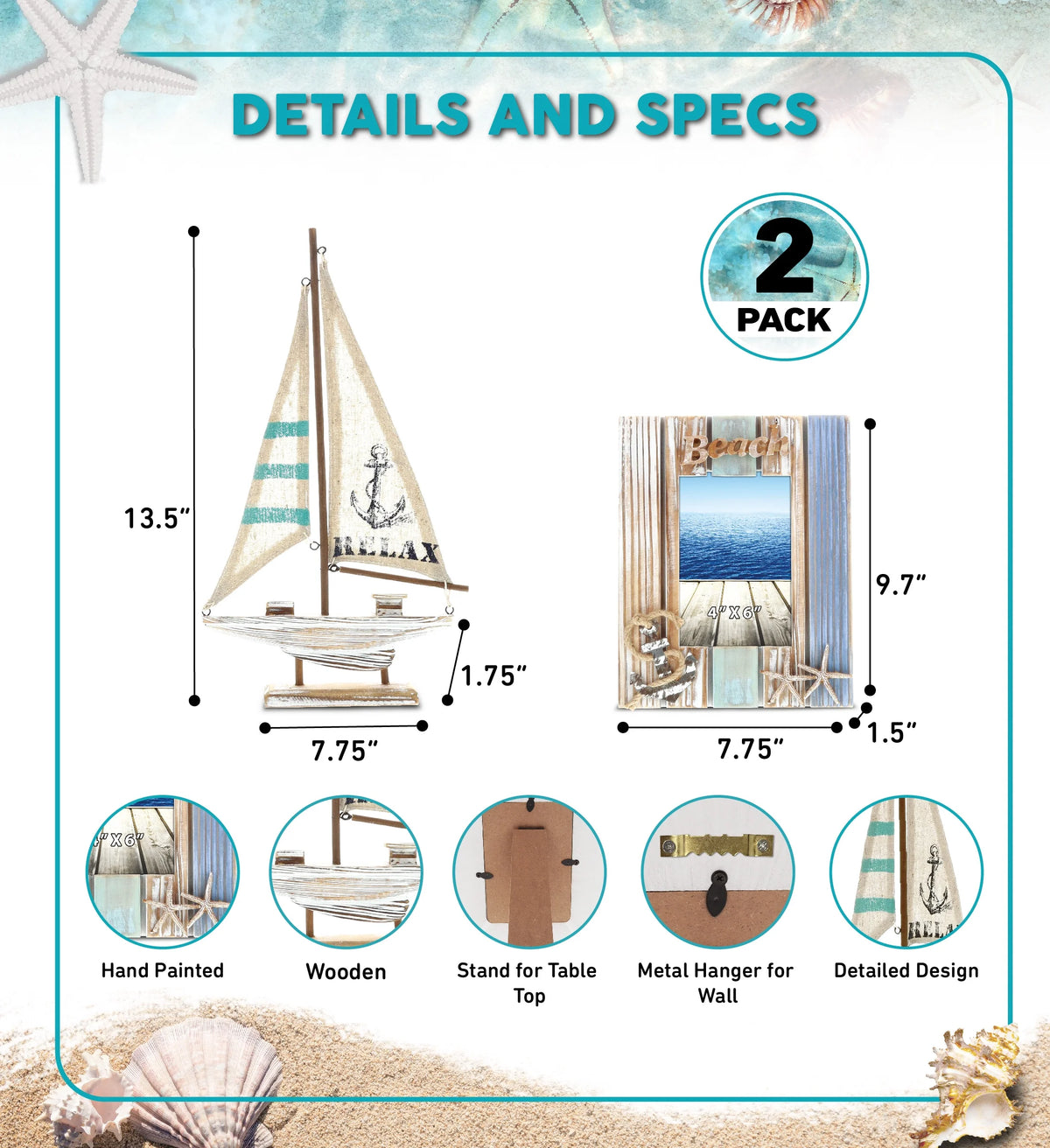 White Distressed Wood Starfish Photo Frame and Wooden Boat Decor D444