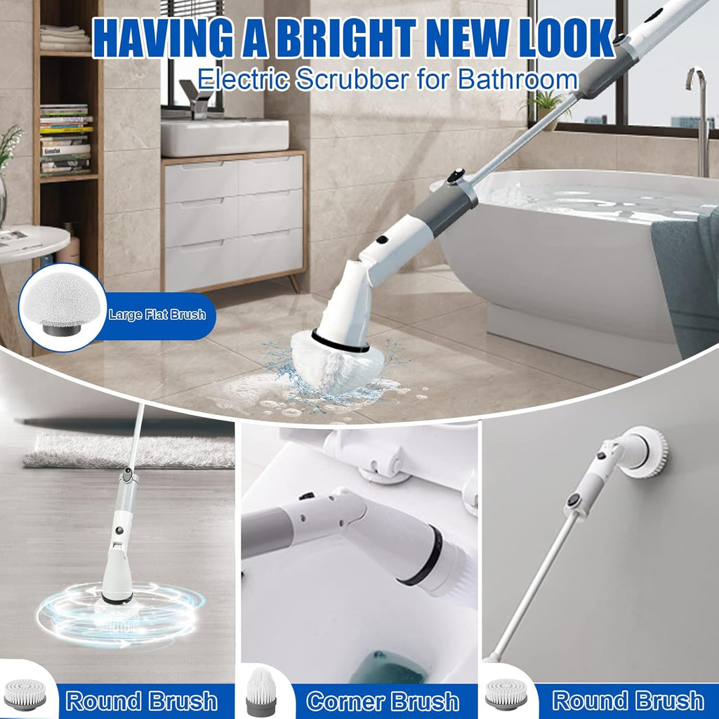 White Cordless Electric Spin Scrubber with 3 Replaceable Brush Heads and Adjustable Extension Handle C25965