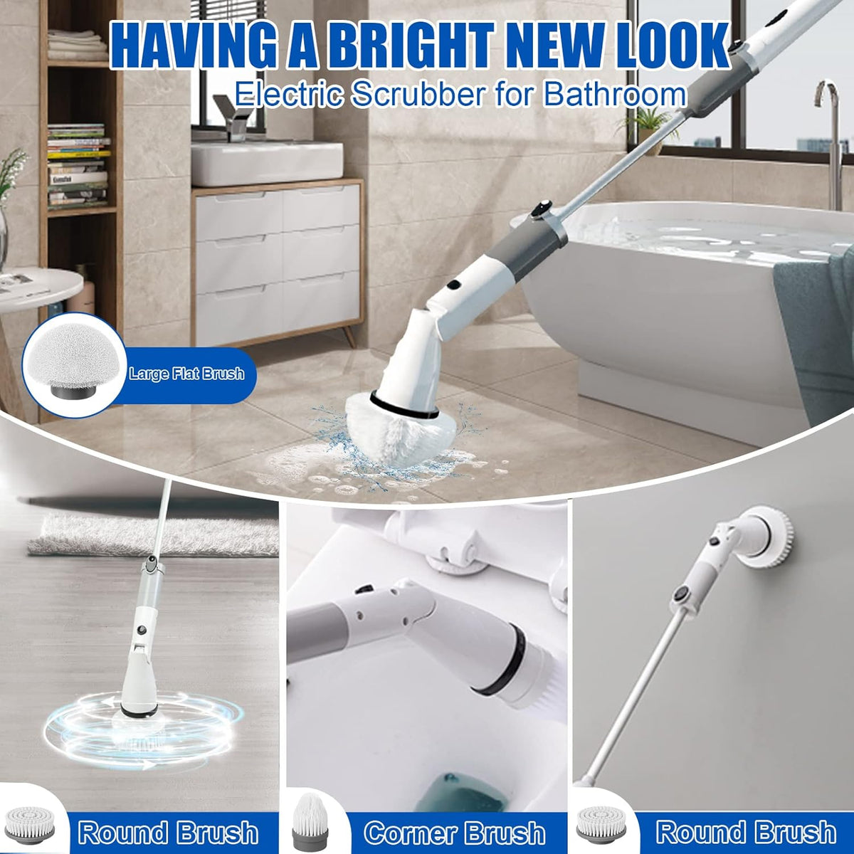 White Cordless Electric Spin Scrubber with 3 Replaceable Brush Heads and Adjustable Extension Handle C25965