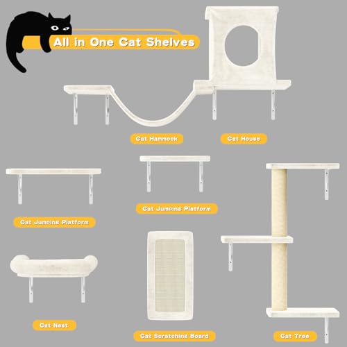 Gray 7 Pcs Cat Wall Shelves with House, Tunnel, Bridge, Steps, Scratcher, Hammock, Bed X838