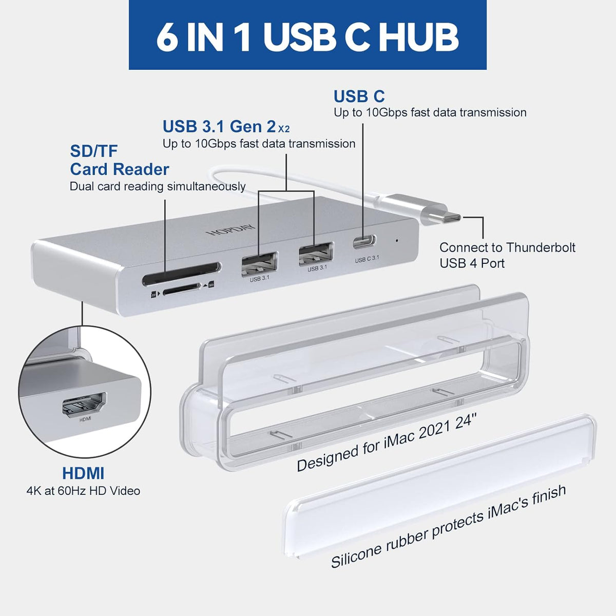 6 in 1 USB C Hub with 4K HDMI, 10Gbps USB C, USB 3.1, SD/TF Card Readers C31350