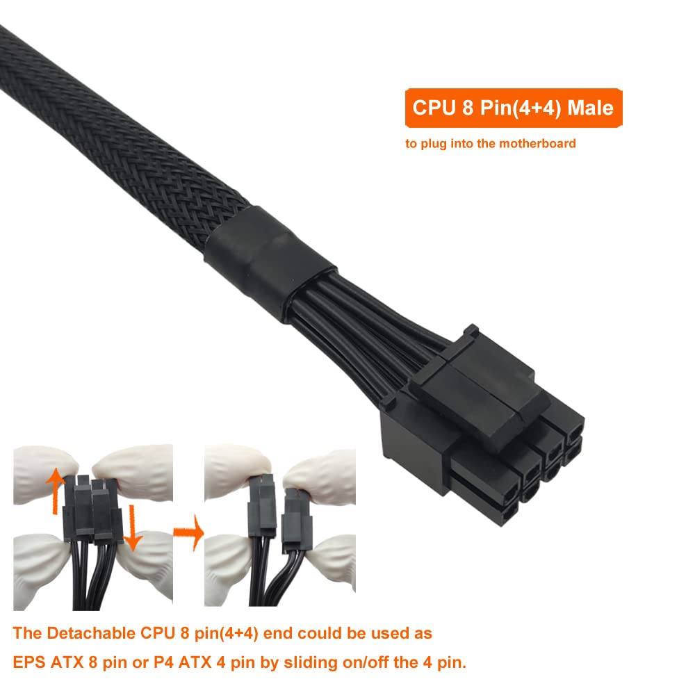 CPU 8 Pin Male to CPU 8 Pin (4+4 Detachable) Male EPS-12V Motherboard Power Adapter Sleeved 25-inch G9132