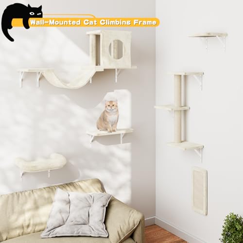 Gray 7 Pcs Cat Wall Shelves with House, Tunnel, Bridge, Steps, Scratcher, Hammock, Bed X838