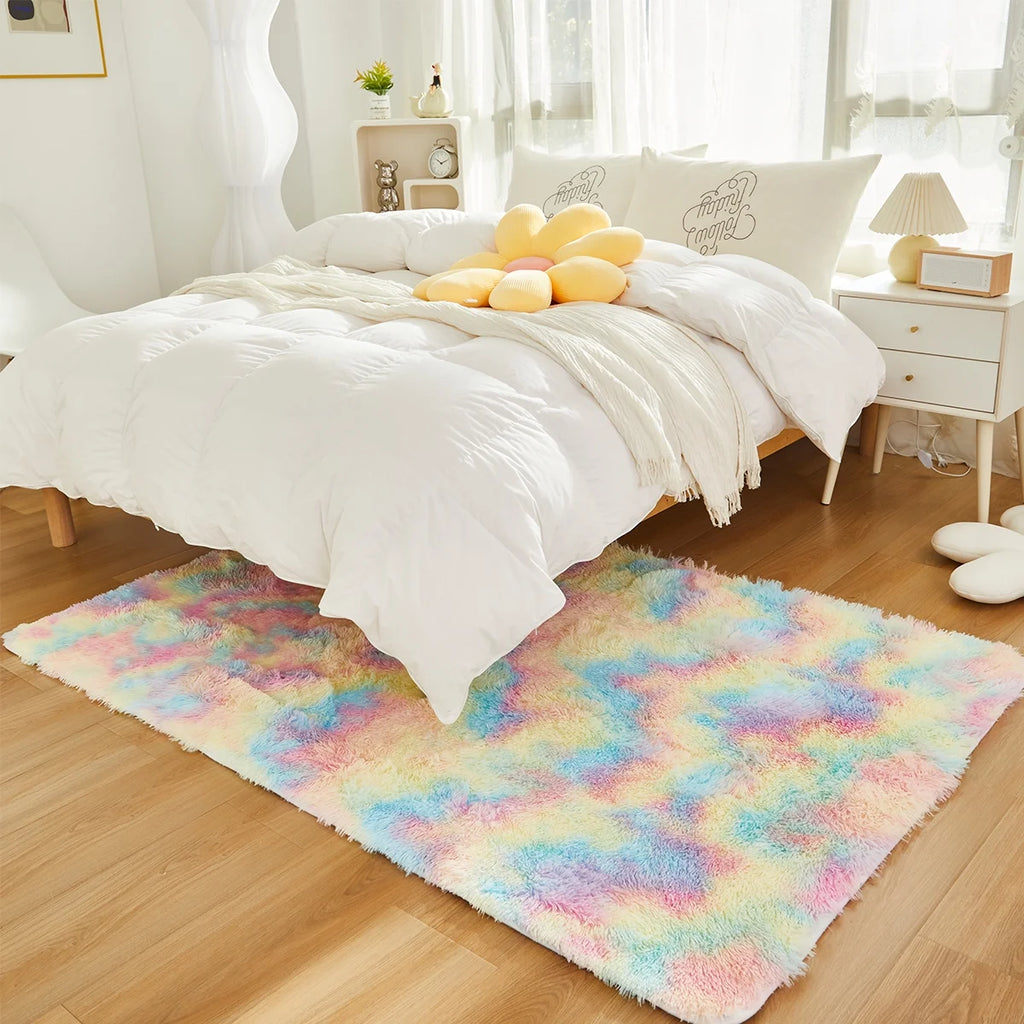 Tie Dye Plush Shag 3x5 Area Rugs Rainbow Faux Fur Carpet Z695