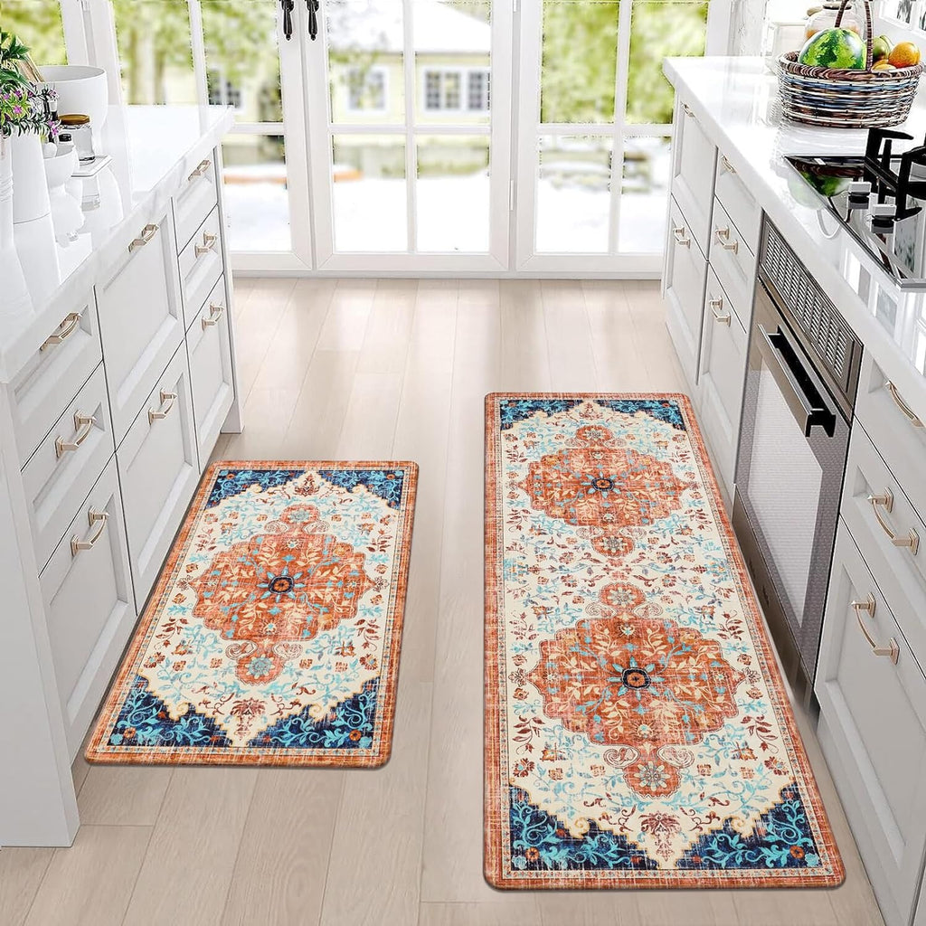 2pcs Waterproof Non Slip Kitchen Mat 0.4" Thick Cushioned Rug 17"x48"+17"x28" Orange M4497