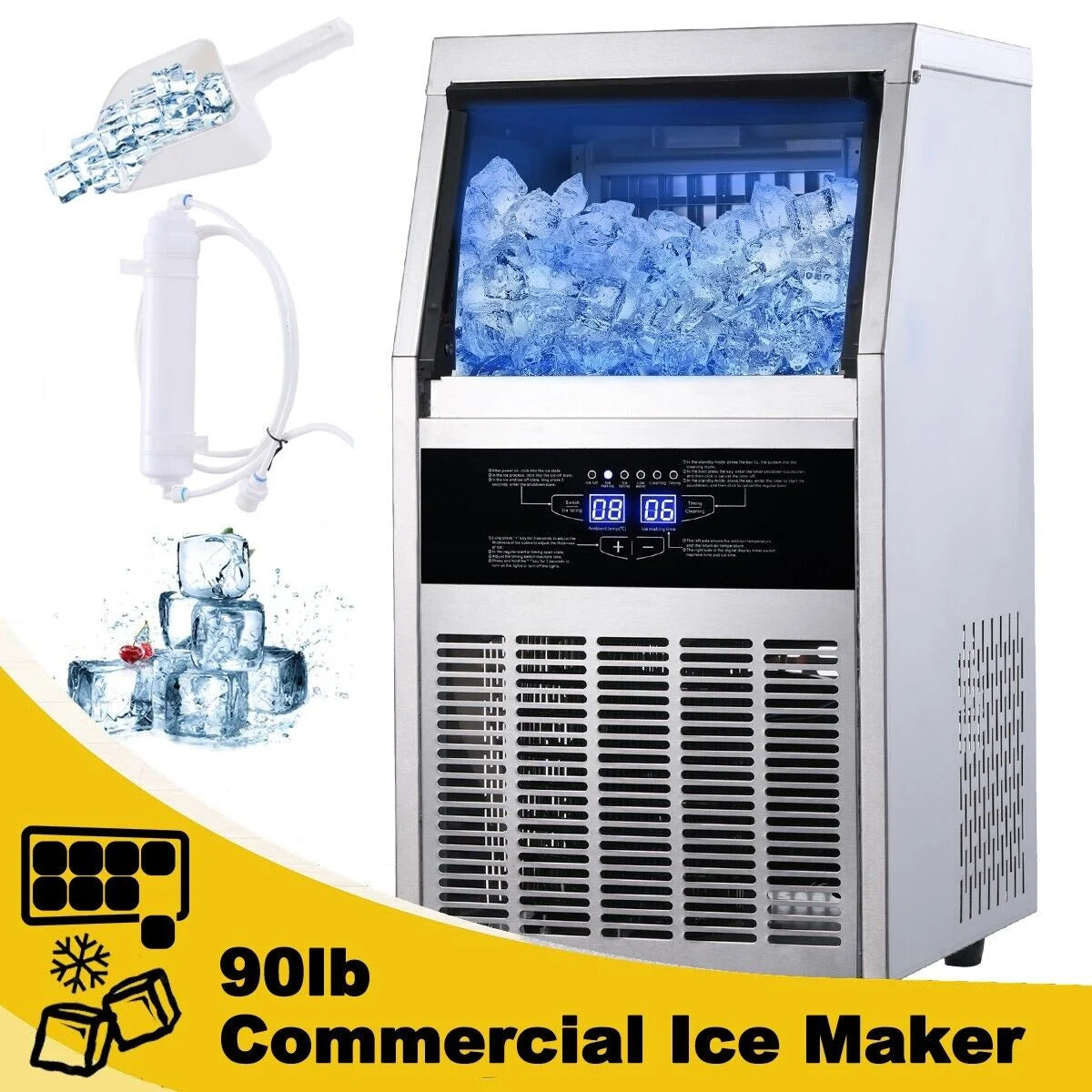 Commercial Ice Maker 90lb Stainless Steel Built-in Cube Machine X8296