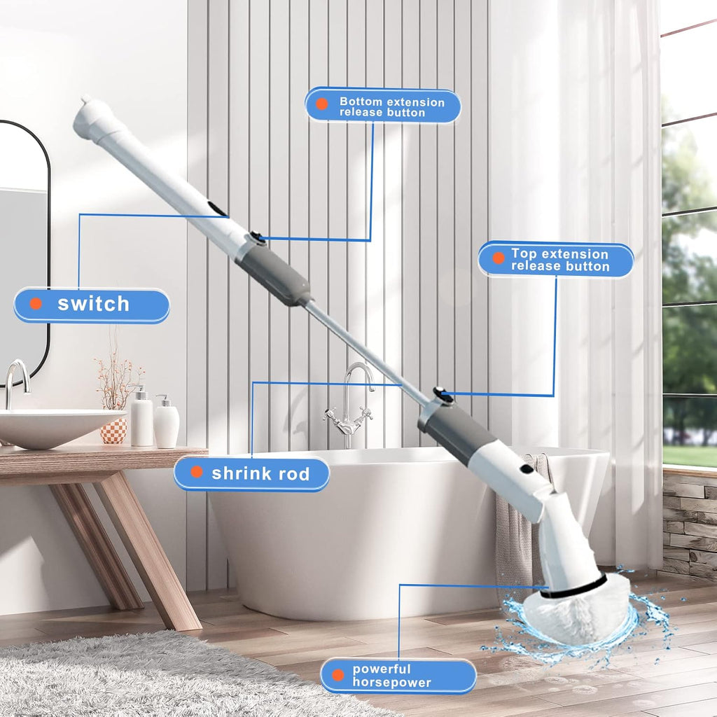 White Cordless Electric Spin Scrubber with 3 Replaceable Brush Heads and Adjustable Extension Handle C25965