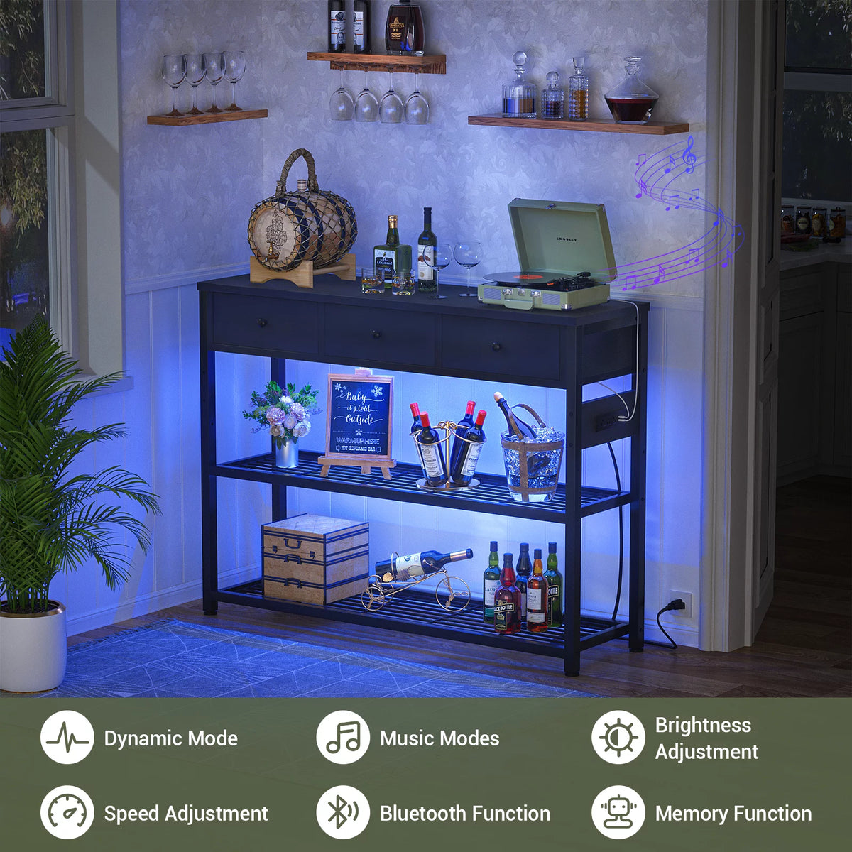 Black Console Table with Charging Station and Storage Shelves U60859