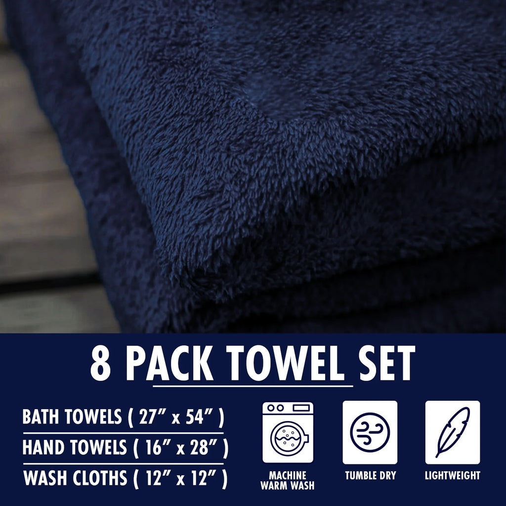 Navy Blue 8 Pack 600 GSM Bath Towels Set X9443