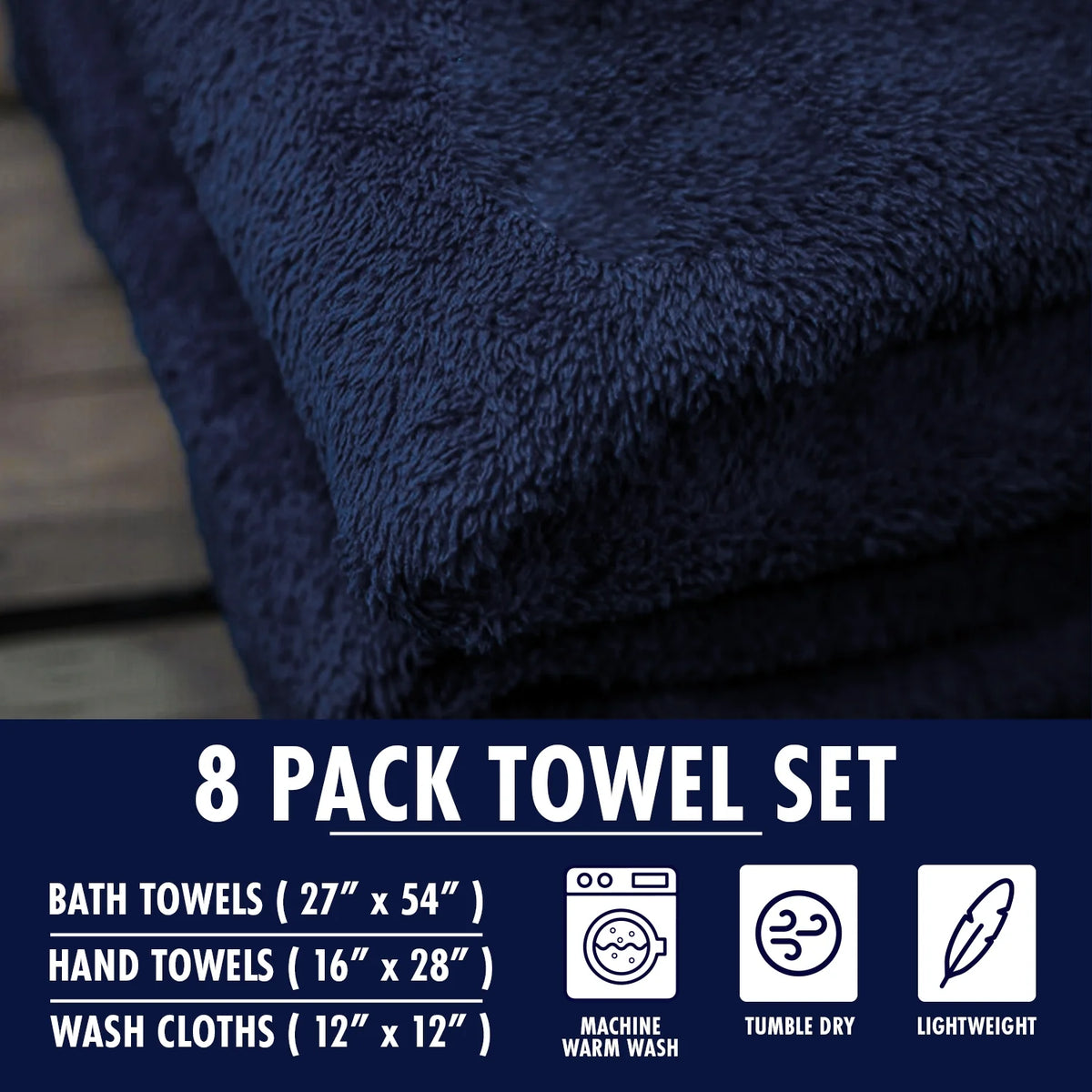 Navy Blue 8 Pack 600 GSM Bath Towels Set X9443