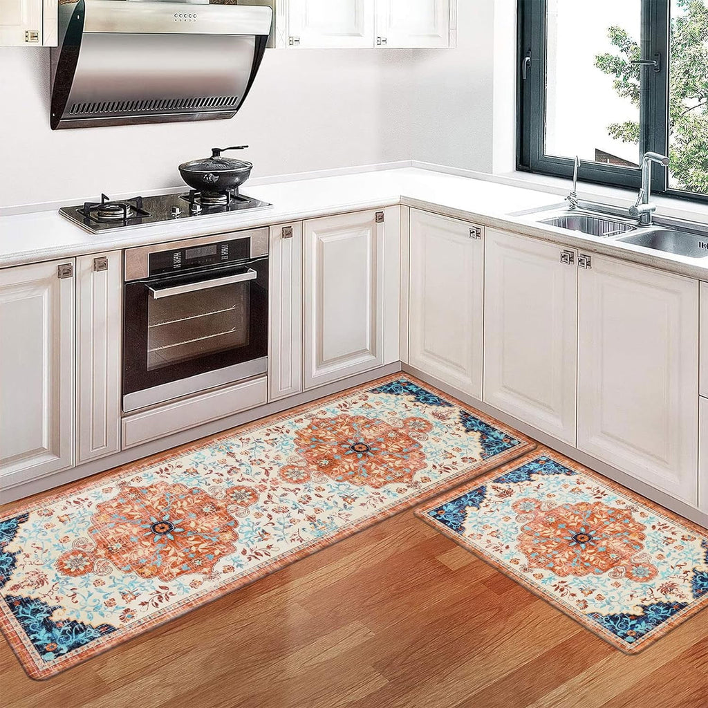 2pcs Waterproof Non Slip Kitchen Mat 0.4" Thick Cushioned Rug 17"x48"+17"x28" Orange M4497