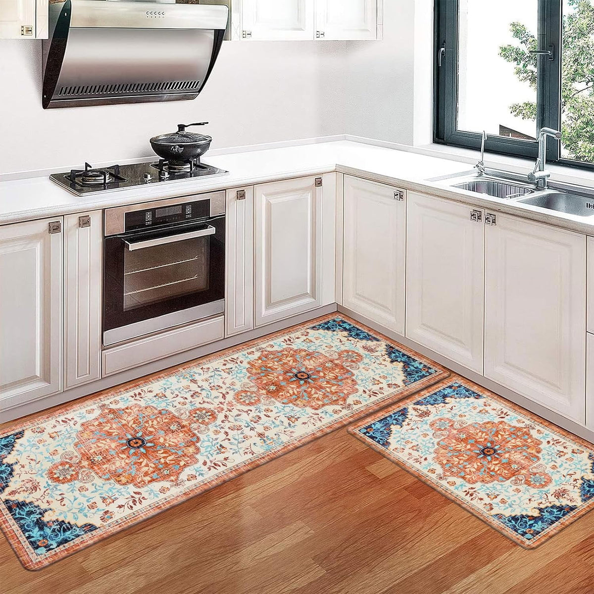 2pcs Waterproof Non Slip Kitchen Mat 0.4" Thick Cushioned Rug 17"x48"+17"x28" Orange M4497