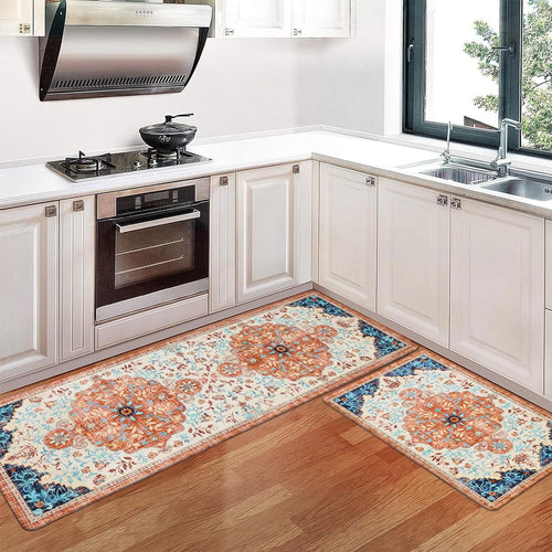 2pcs Waterproof Non Slip Kitchen Mat 0.4" Thick Cushioned Rug 17"x48"+17"x28" Orange M4497