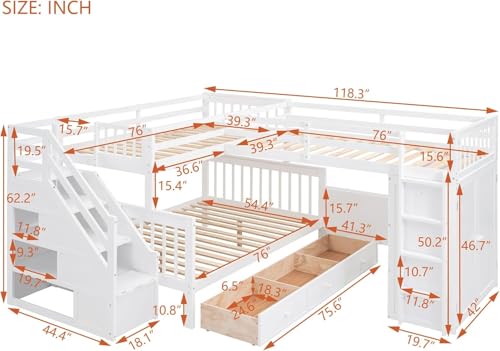 Twin-Twin Over Full Triple Bunk Bed with Storage Stairs, Wardrobe and Desk, Solid Wood L-Shaped 3 Bunk Bed with Ladder, Shelves, Headboard, Guardrail (Grey) R202