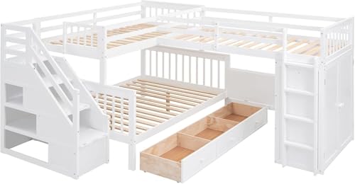 Twin-Twin Over Full Triple Bunk Bed with Storage Stairs, Wardrobe and Desk, Solid Wood L-Shaped 3 Bunk Bed with Ladder, Shelves, Headboard, Guardrail (Grey) R202
