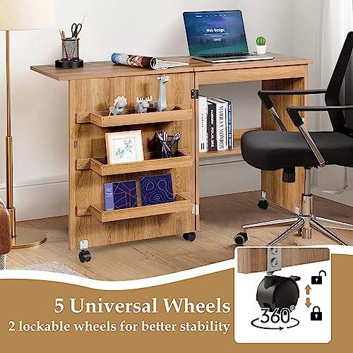Natural Folding Sewing Table with Shelves Storage and Lockable Wheels E50198