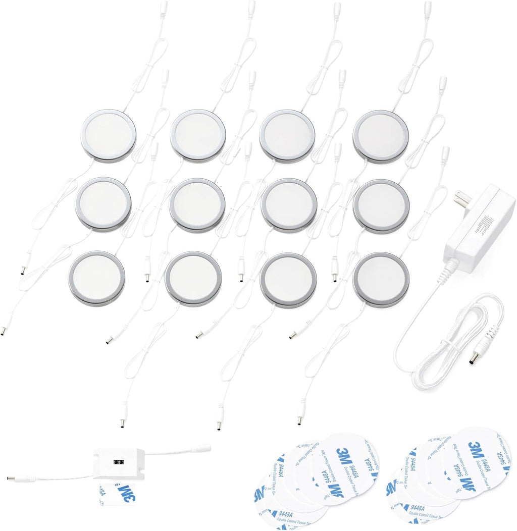 Under Cabinet Puck Lights with Hand Wave Sensor, Dimmable, Pack of 12, Cool White S3153