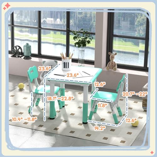 3 Pieces Height Adjustable Kids Table and Chair Set with Storage Green Y606
