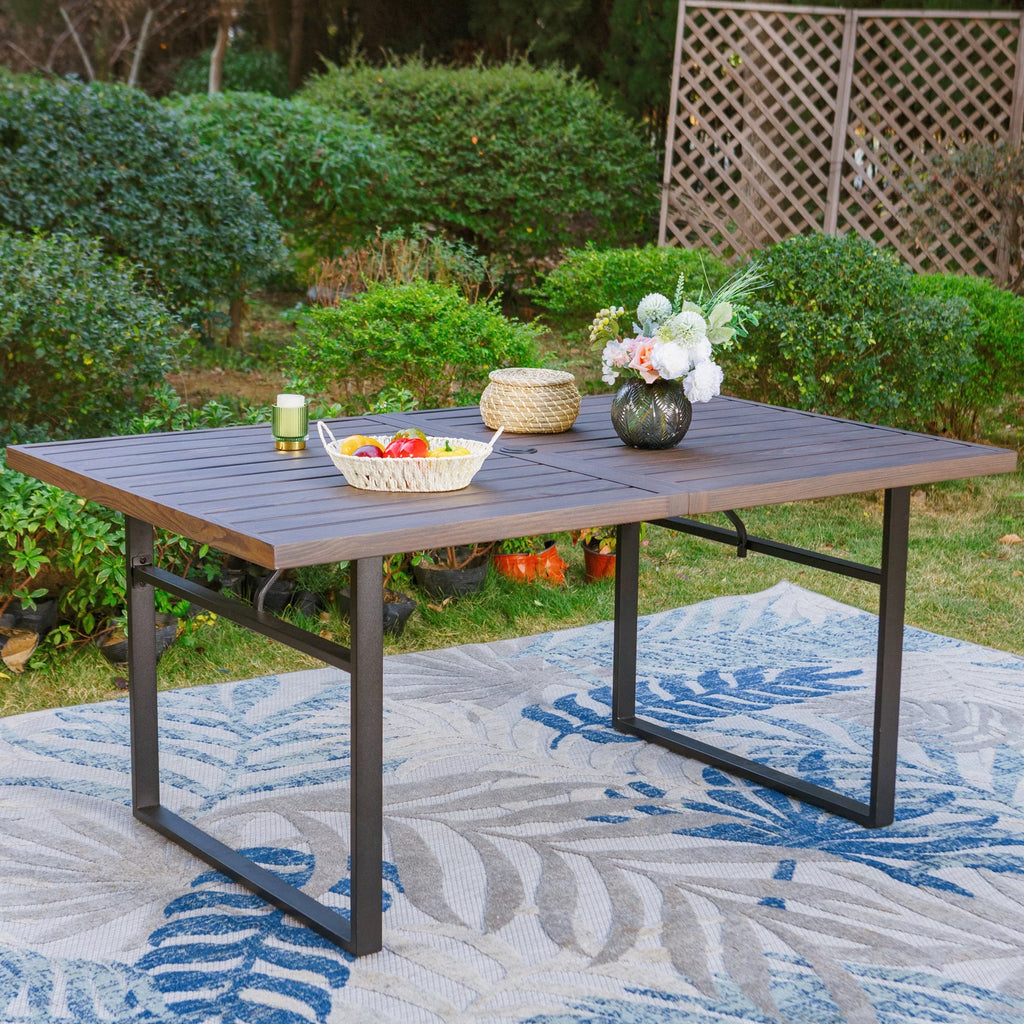Rectangle Outdoor Dining Table Steel Frame Wood Grain Top 6 Person Black T70856