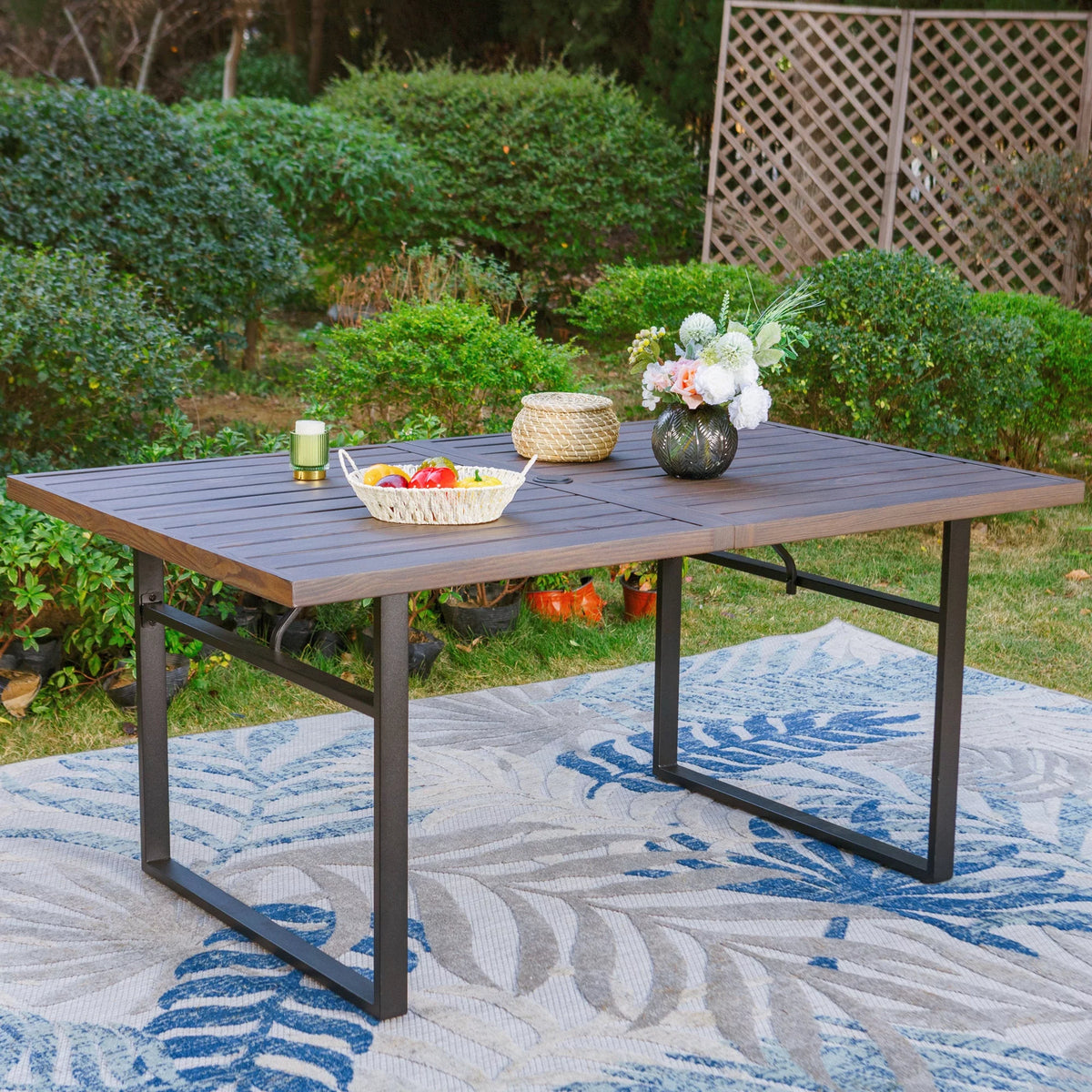 Rectangle Outdoor Dining Table Steel Frame Wood Grain Top 6 Person Black T70856