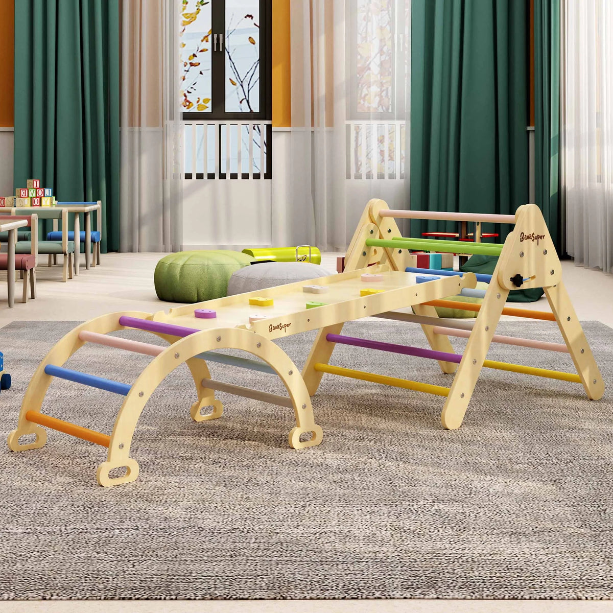 3 in 1 Wooden Climbing Triangle Ladder with Ramp & Arch B6857