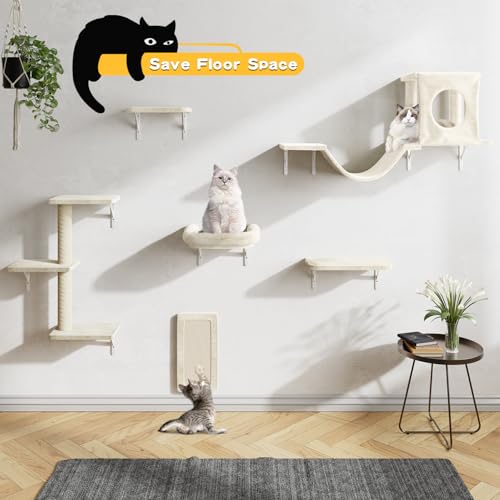 Gray 7 Pcs Cat Wall Shelves with House, Tunnel, Bridge, Steps, Scratcher, Hammock, Bed X838