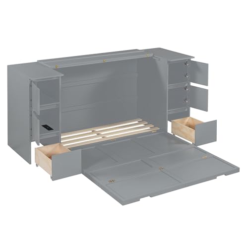 Gray Wood Murphy Bed with Drawers and Cabinets Y729529