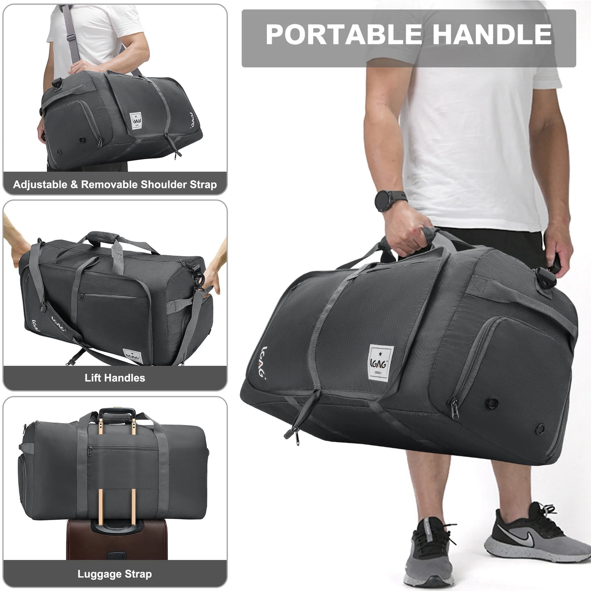 Gray 85L Foldable Waterproof Travel Duffle Bag with Shoe Compartment N236602