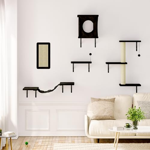 Gray 7 Pcs Cat Wall Shelves with House, Tunnel, Bridge, Steps, Scratcher, Hammock, Bed X838