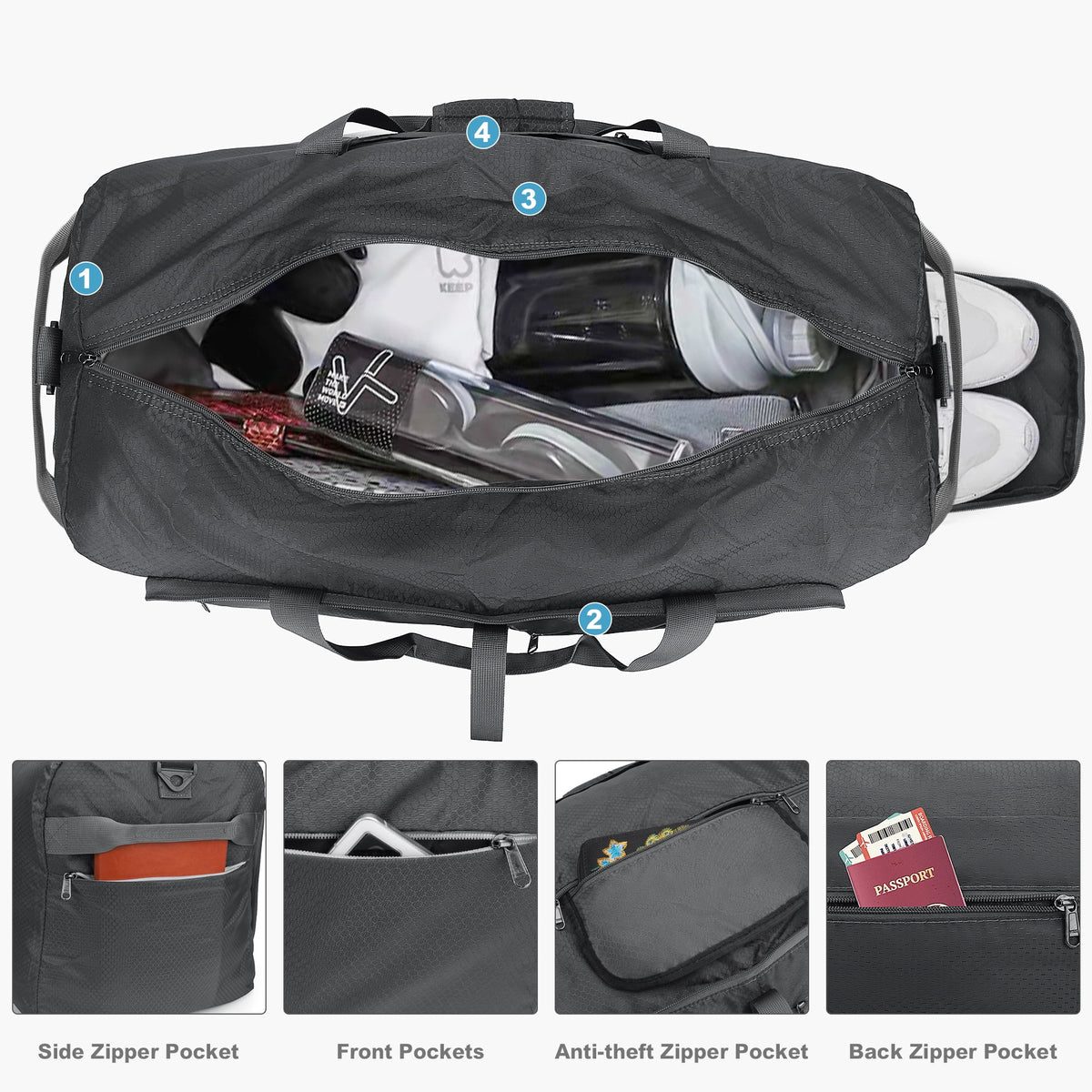 Gray 85L Foldable Waterproof Travel Duffle Bag with Shoe Compartment N236602